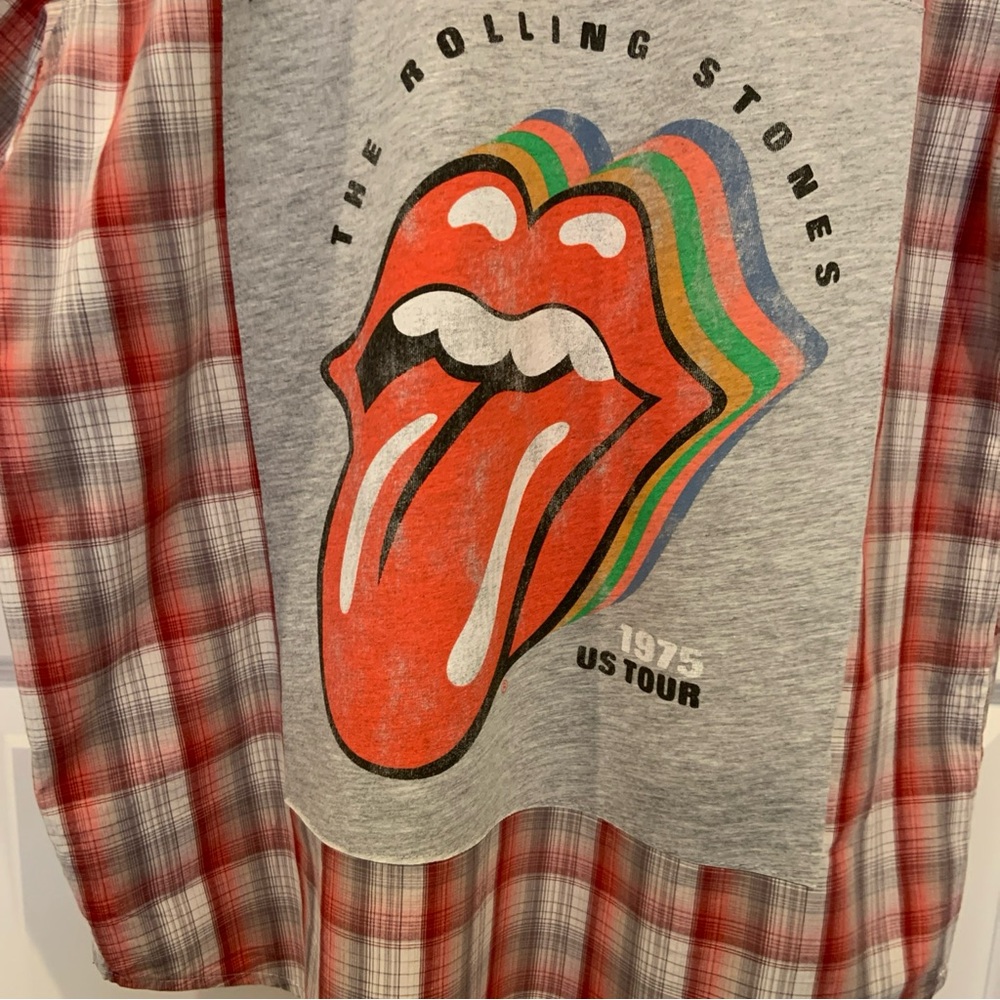 Custom Made Rolling Stone Graphic Wrangler Western Pearl Snap Plaid Shirt Sz M